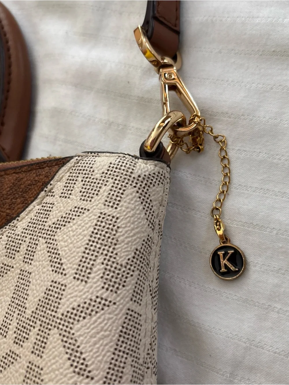 Michael Kors Beige Logo Satchel with Brown Trim and Gold Hardware